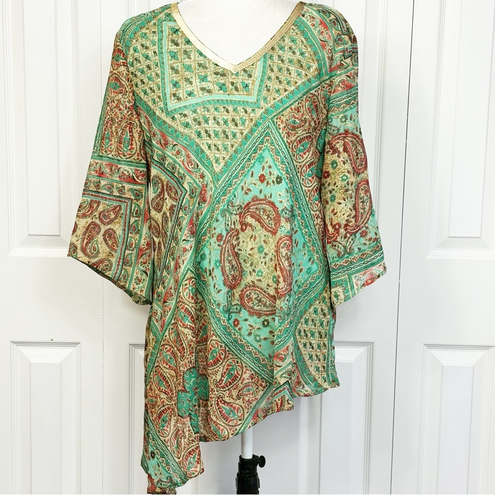 Roz & Ali Green Gold Metallic Print Sequin Asymmetric Tunic Top XL